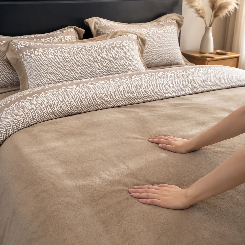 Vista completa del set de cama de terciopelo con cisnes