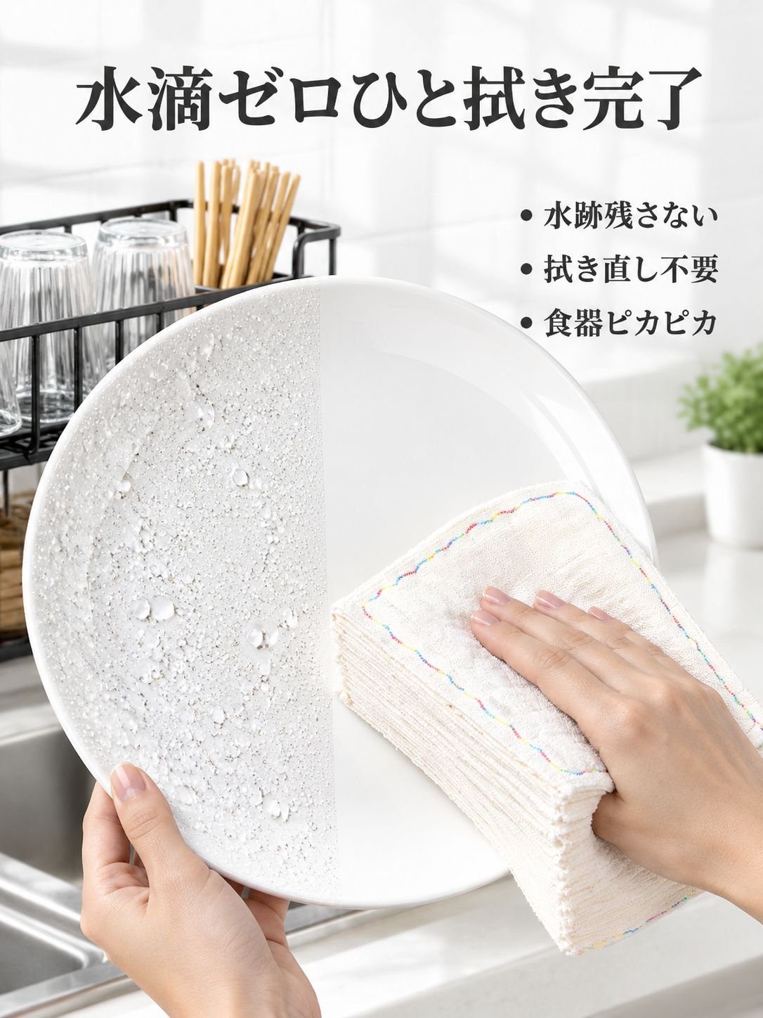 厚手12層コットンふきん レインボー柄の油汚れがつきにくい食器洗いクロス