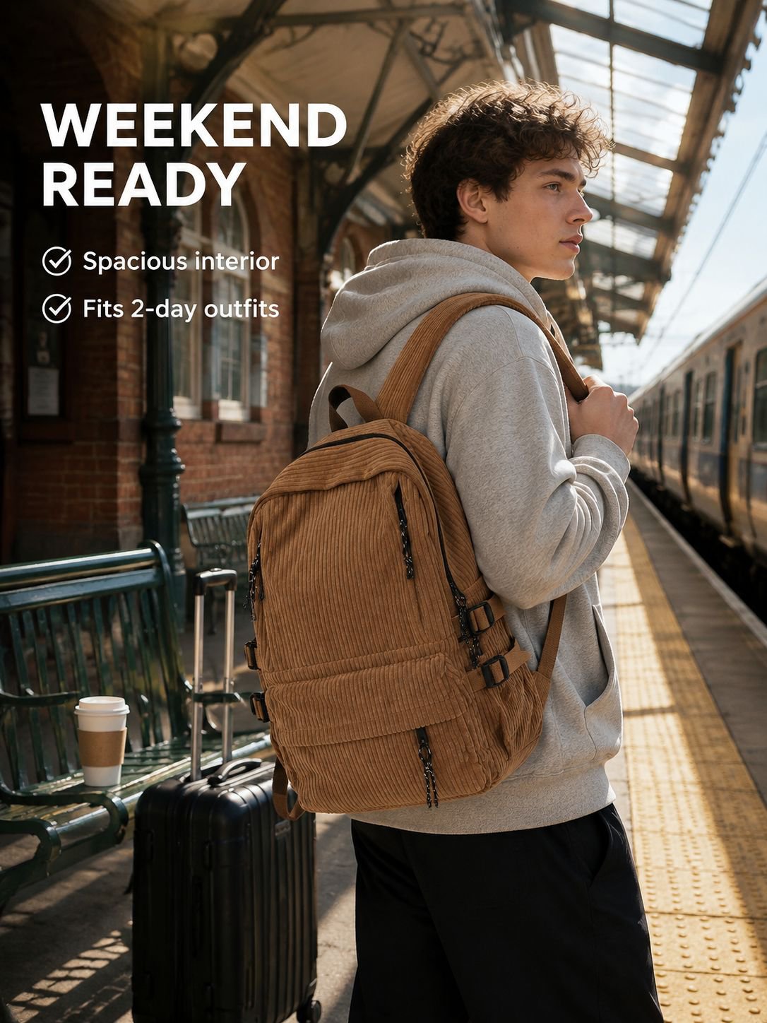 Corduroy backpack, lightweight and stylish for middle school students, large capacity, casual travel