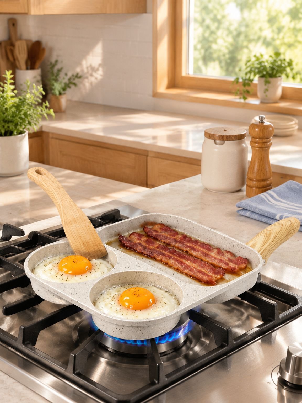 多機能な焦げ付きにくい調理器で卵焼きを簡単に作るシーン