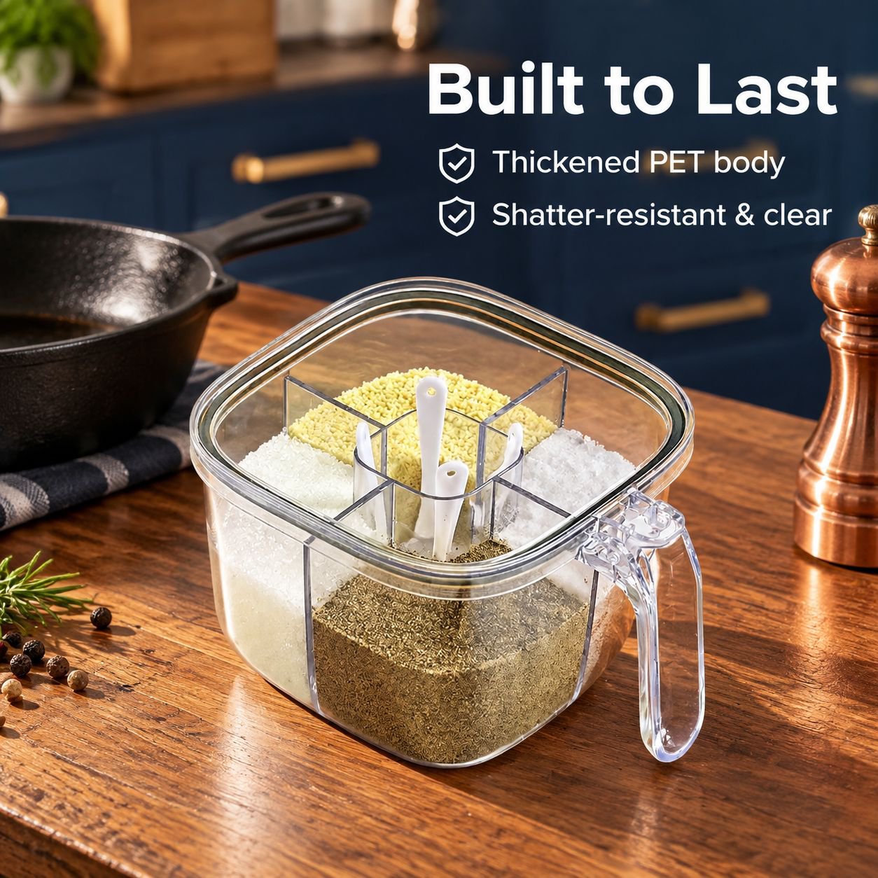 Transparent seasoning container for easy spice identification in the kitchen