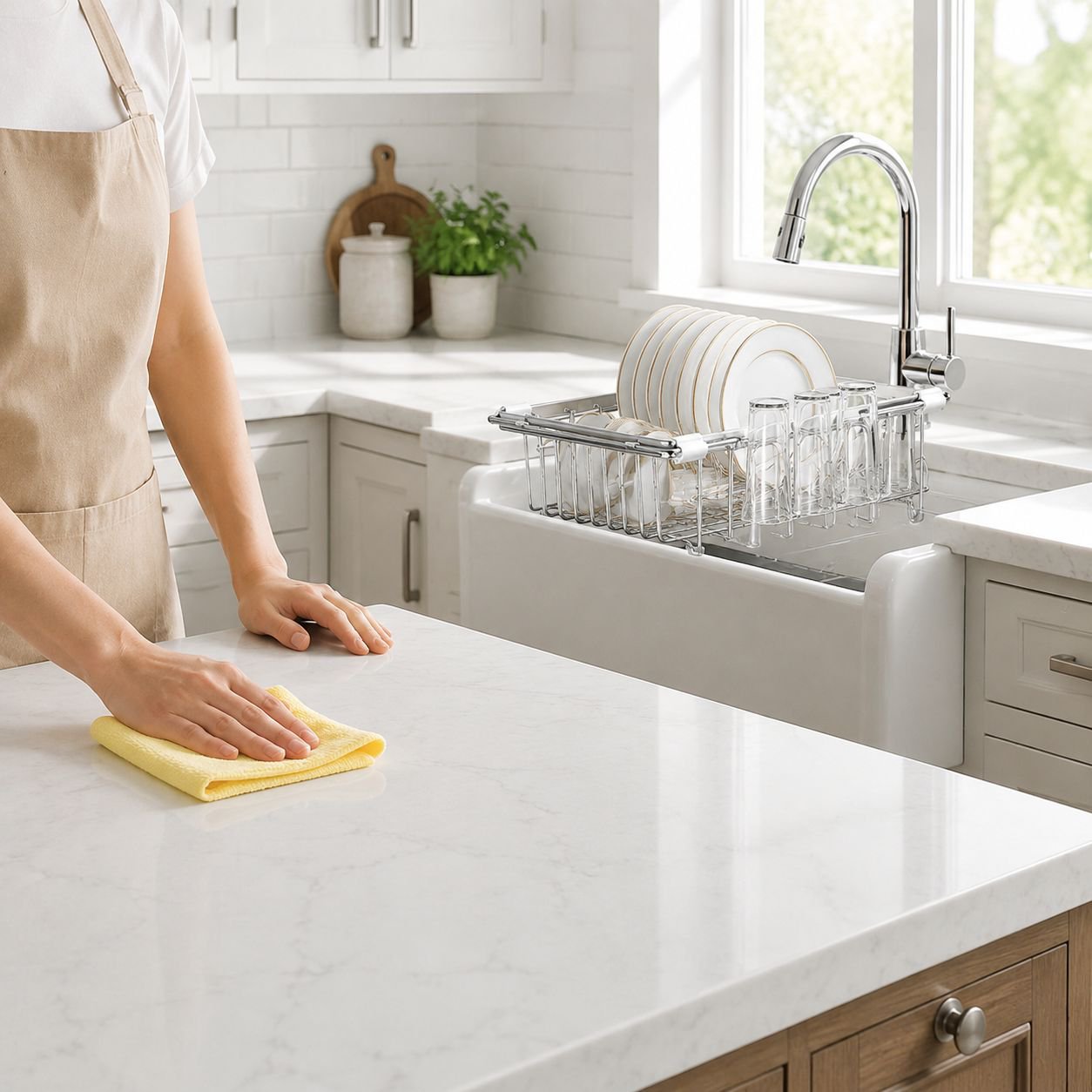 Adjustable sink dish rack with removable utensil basket