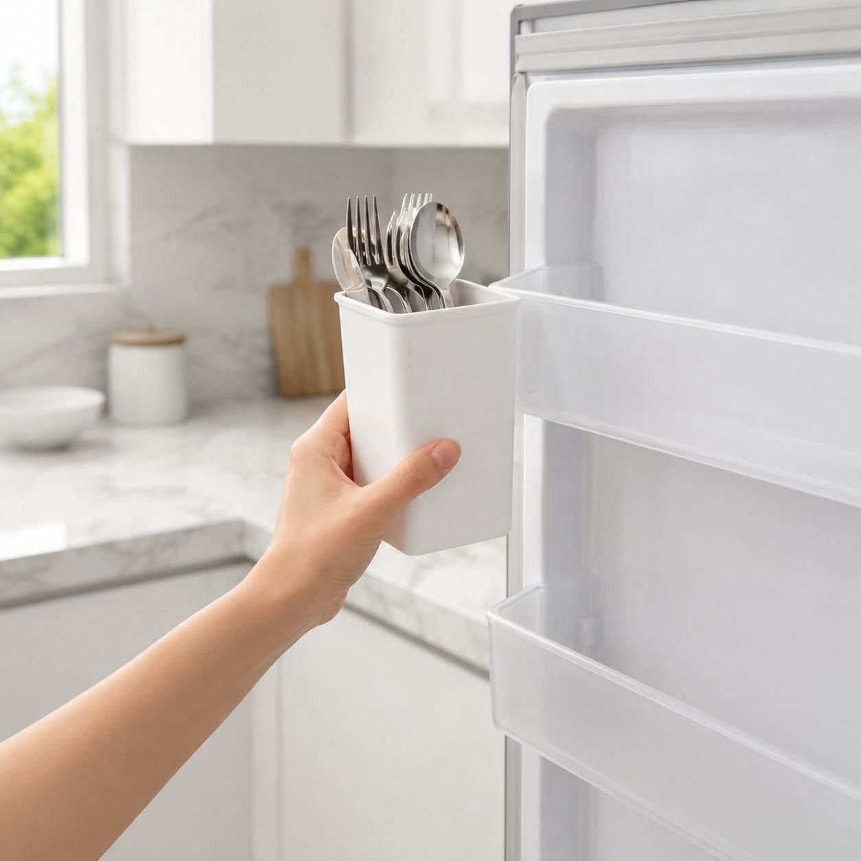 Kitchen utensils neatly stored in hanging rack