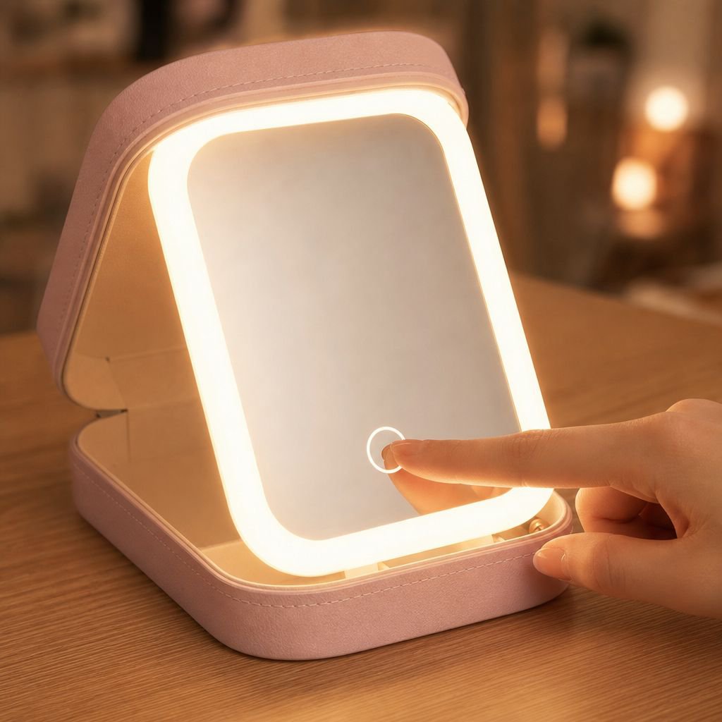 Portable cosmetic storage box with illuminated mirror