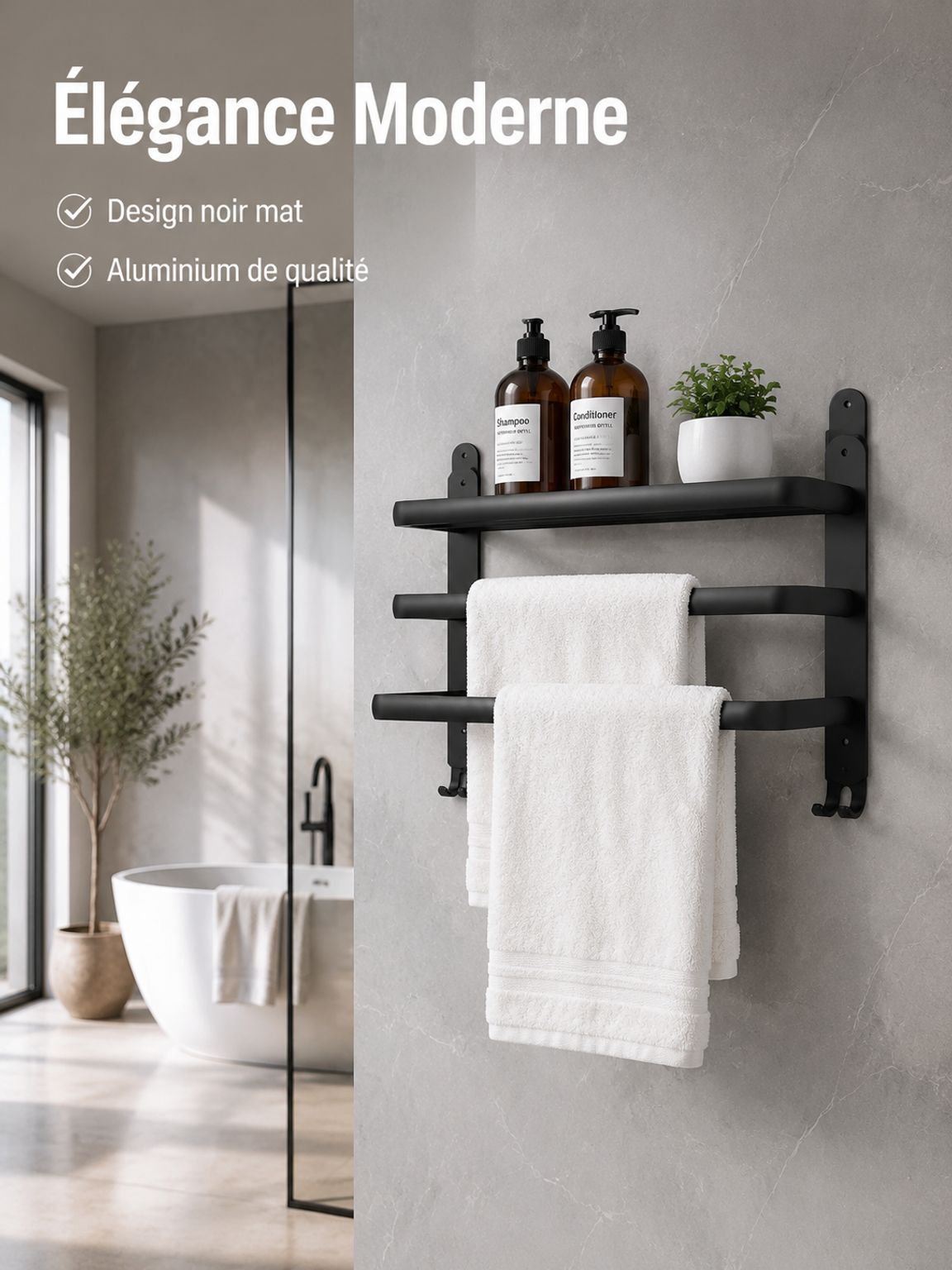 Porte-serviettes, étagère de salle de bain, sans perçage, étagère de rangement, porte-serviettes com