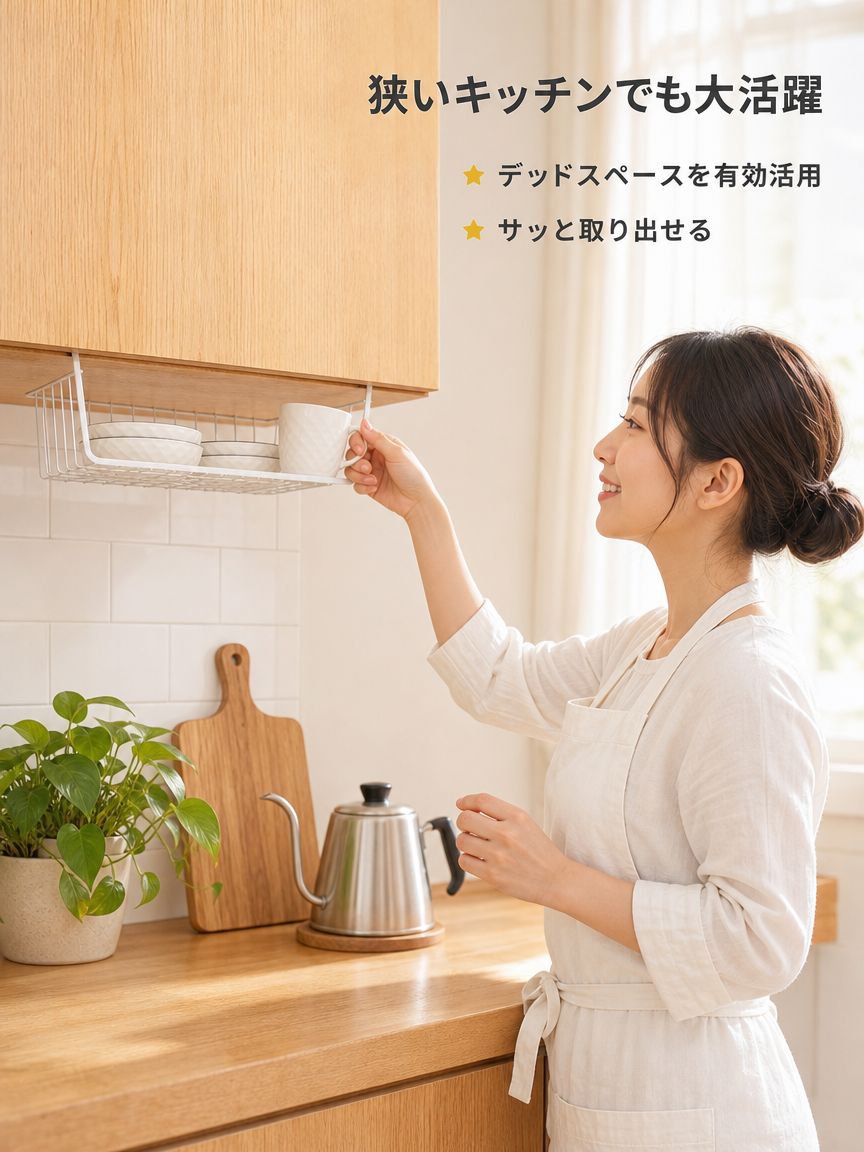 穴あけ不要のキッチン吊り下げ式バスケットラック