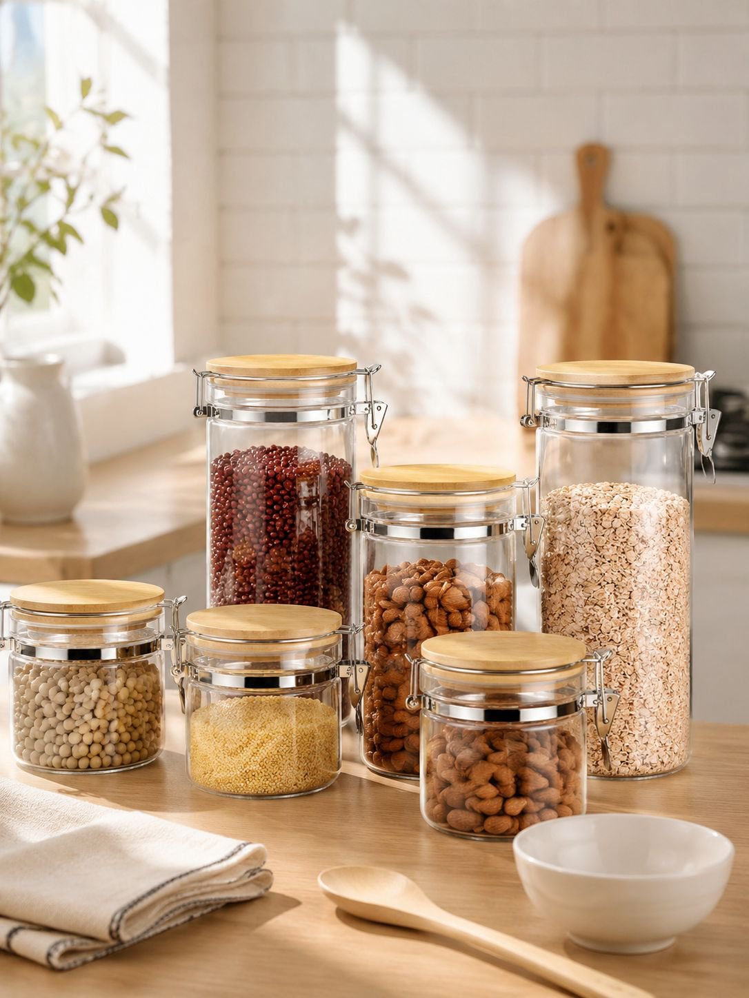 Large transparent glass storage jar filled with assorted grains