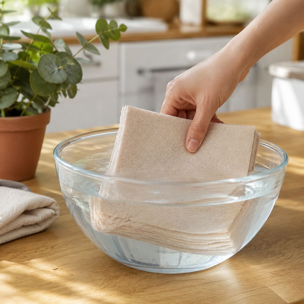 Easy to clean natural loofah dishcloth in kitchen
