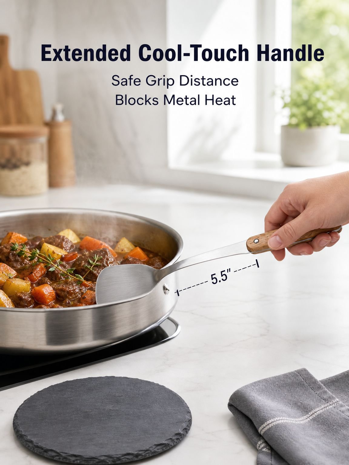 Solid wood handle detail on a stainless steel kitchen utensil