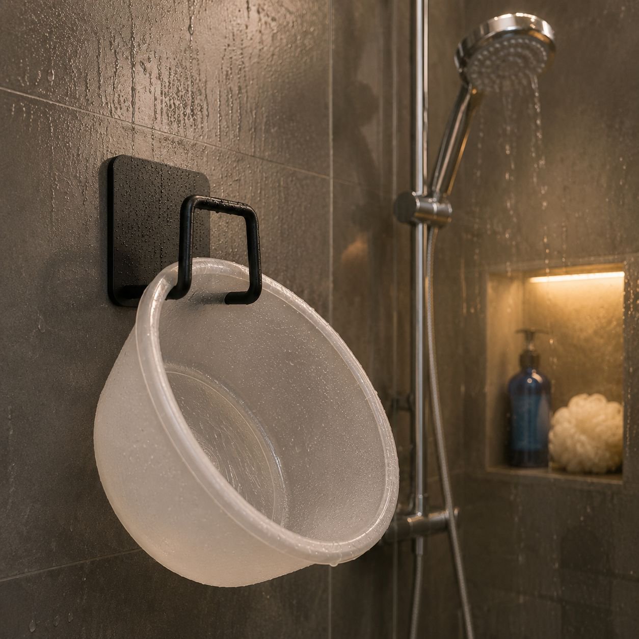 Minimalist suspended bathroom rack for toiletries