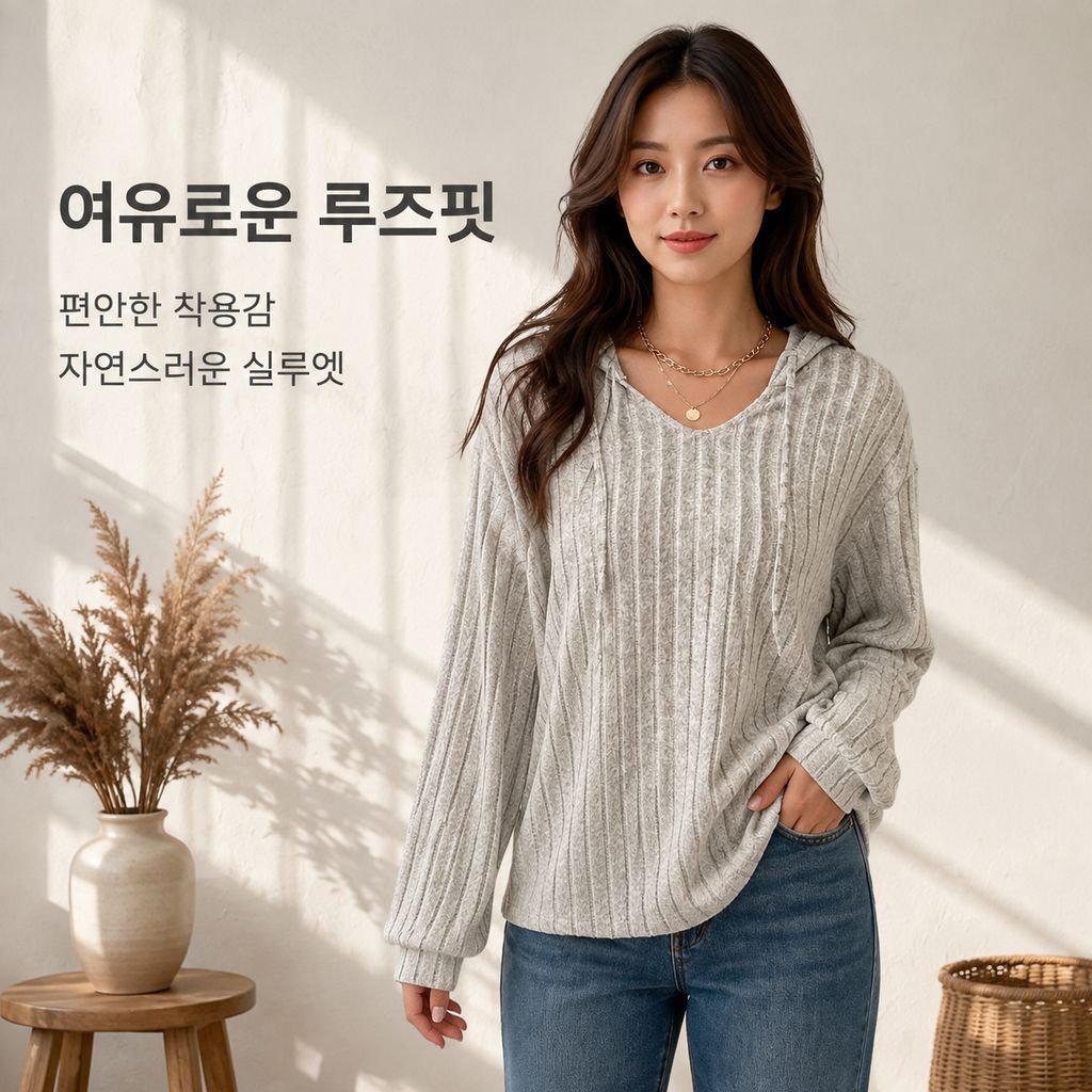 여성용 빅사이즈 베이직 컬러 브이넥 후드 긴팔 티셔츠