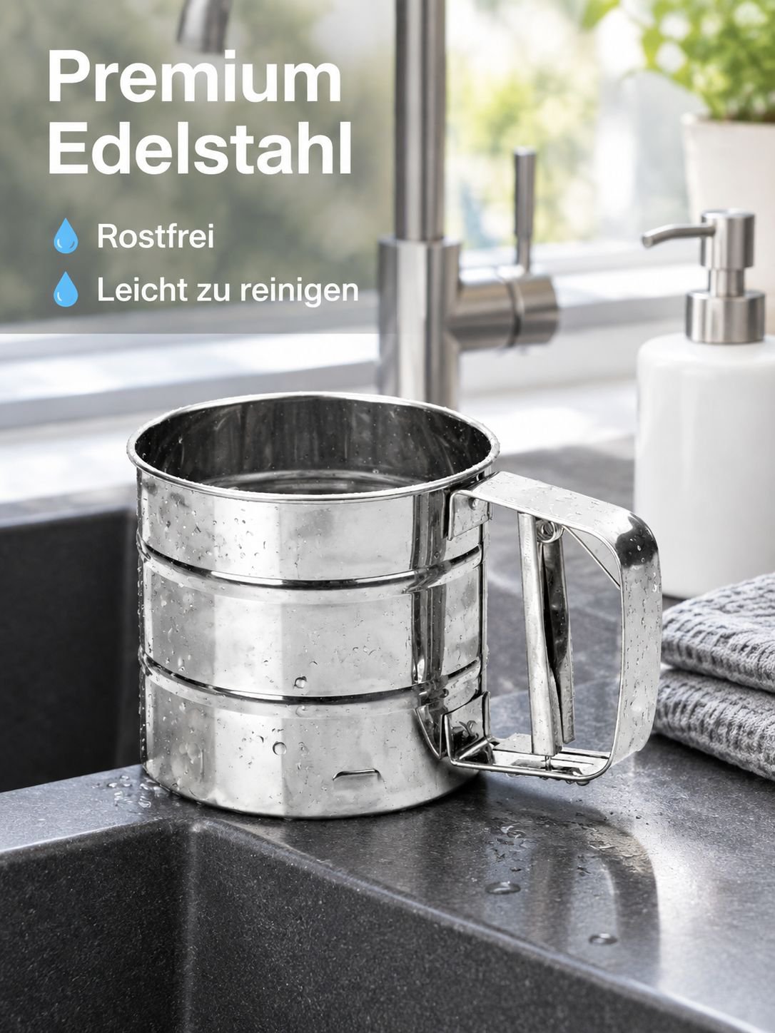 Handgeführtes halbautomatisches Feinsieb aus Edelstahl mit Filternetz