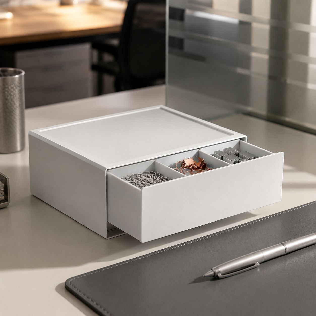 Sleek plastic storage box for home office organization