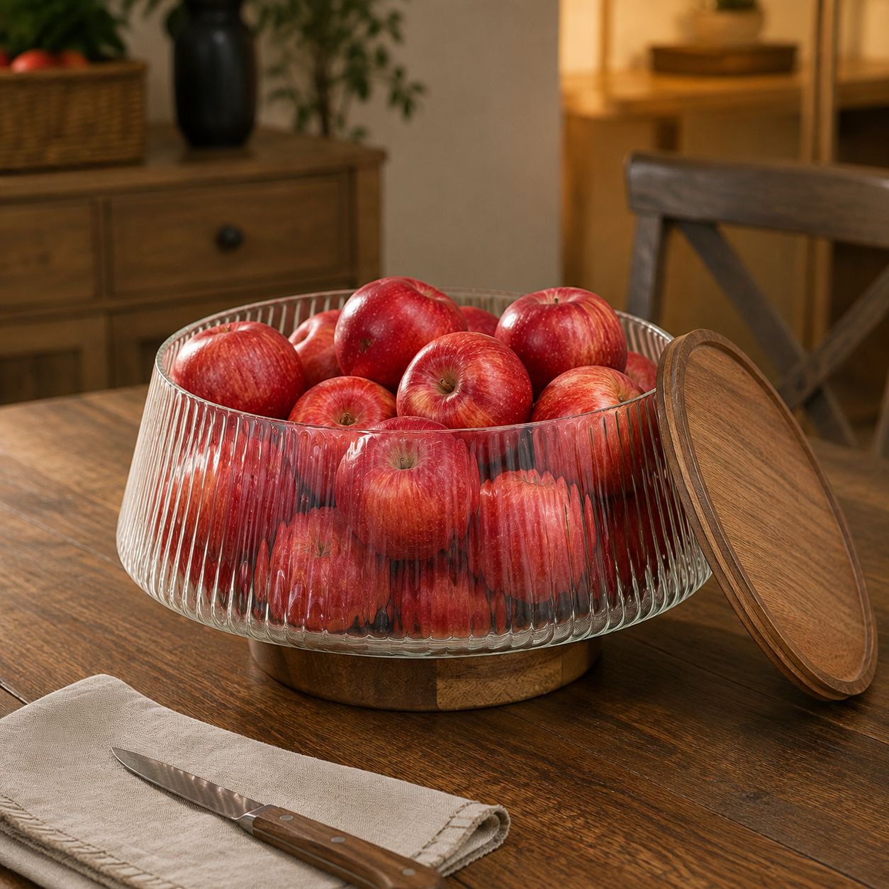 Plato de frutas multifuncional de vidrio a rayas con tenedores