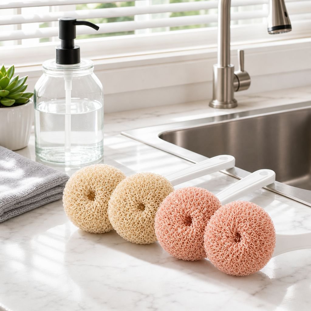 Scrubbing ball that won't damage pots or hands, a kitchen scrubber and dishwashing tool with a handl
