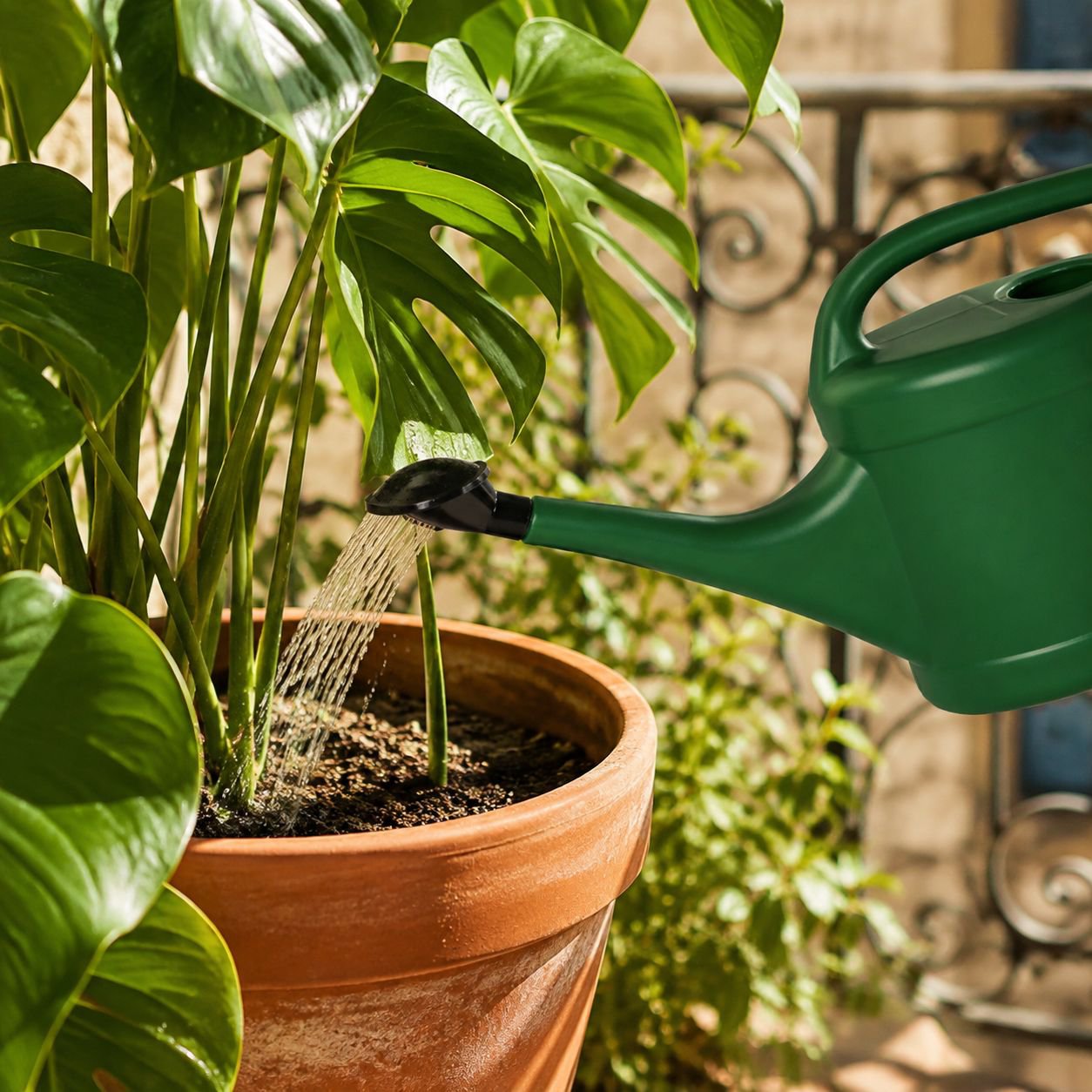 Arrosoir de jardin nouvelle génération en action dans un jardin fleuri