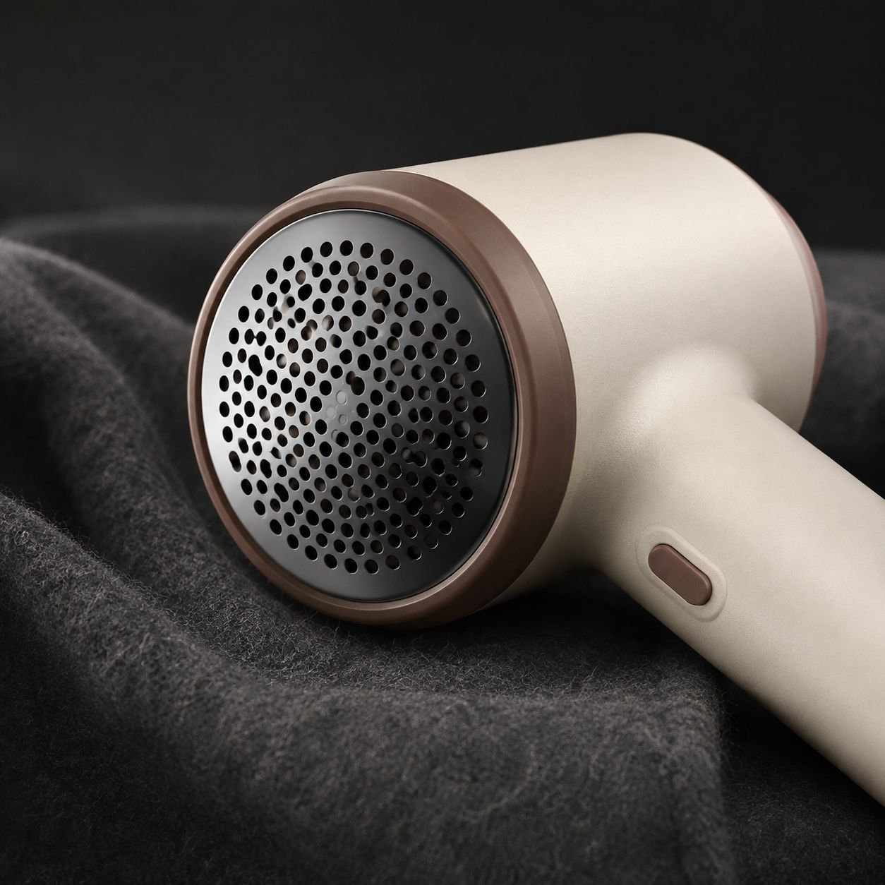 Portable electric fabric shaver in use on sweater