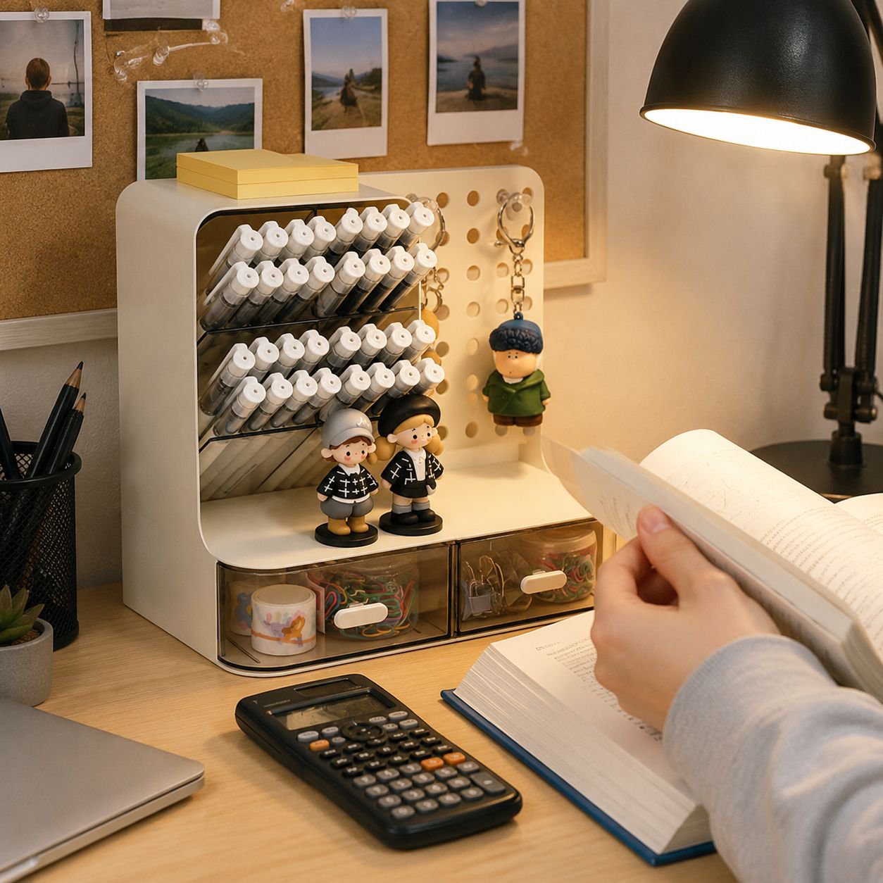 Home office desk with pegboard pen holder organizer