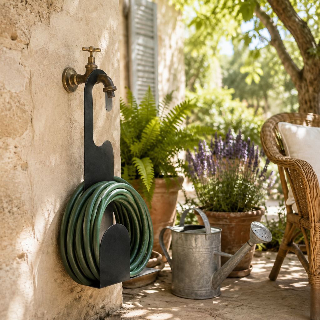 Porte-tuyau de jardin en acier inoxydable monté sur un mur extérieur