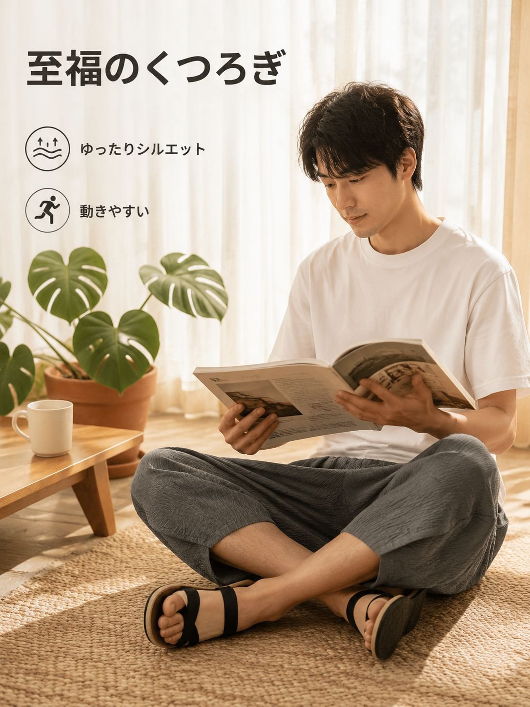 新作メンズカジュアルルーズフィット薄手パンツ全体像
