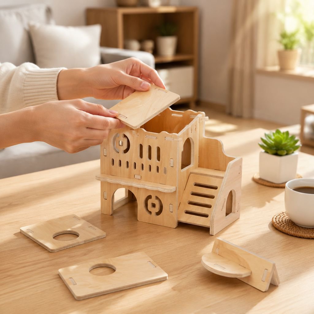 Casa de madera maciza para hámster, juguetes acrílicos, accesorios para jaula de hámster, jaula de o