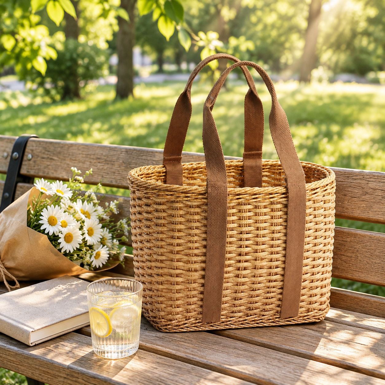Vintage Rattan-Style Picnic Basket, Outdoor Shopping Basket, Camping Fruit Basket Bag