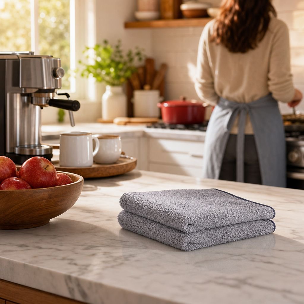 Bamboo charcoal fiber dish towel folded on kitchen table