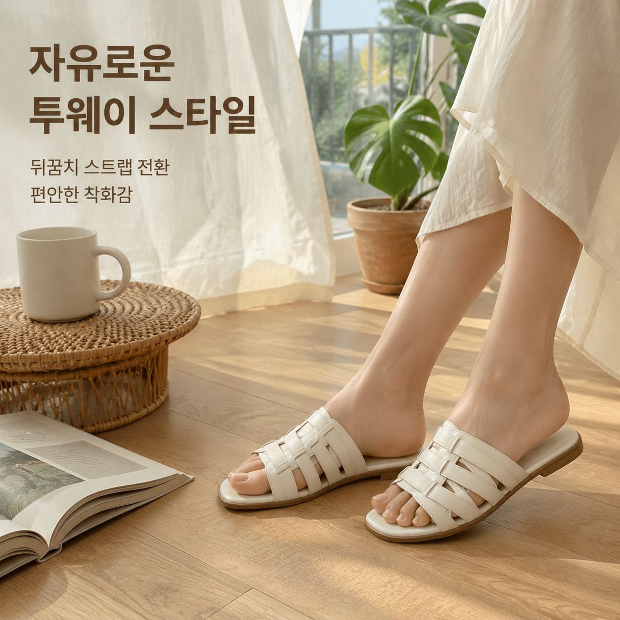 여름 사각코 소프트 바닥 편직 앞뒤로 신는 여성 플랫 슬리퍼