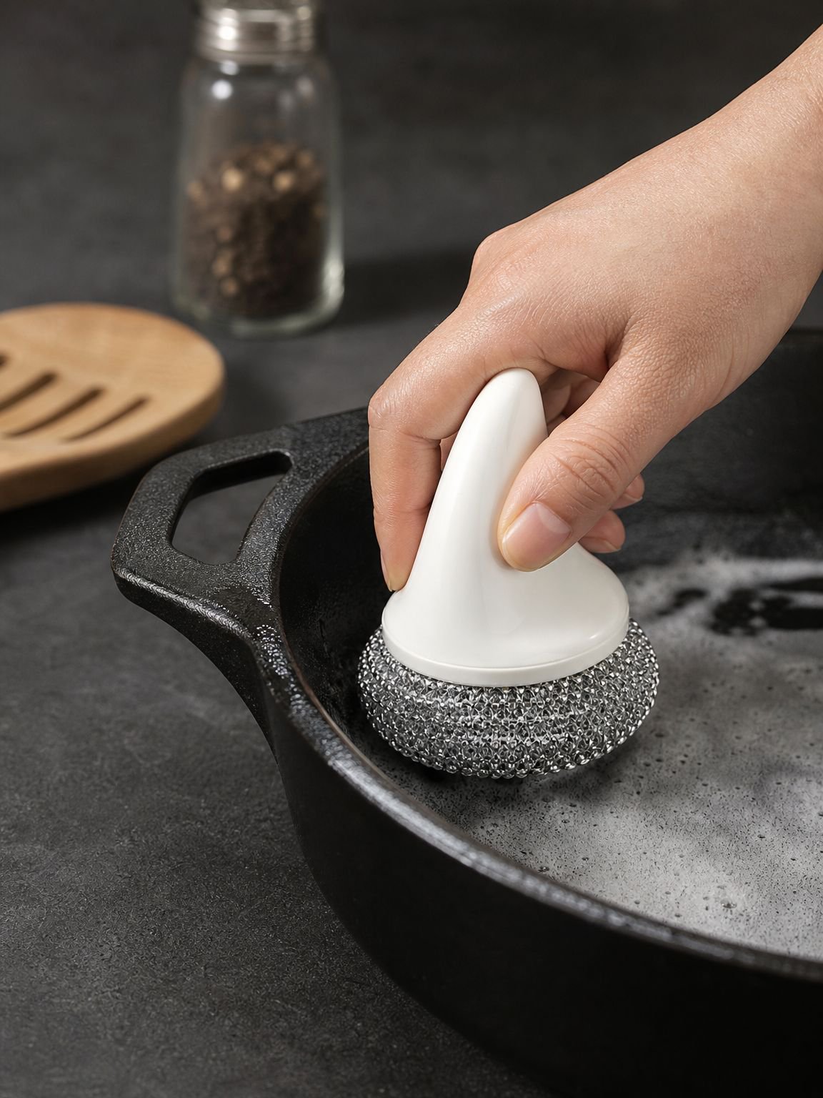 Cepillo de cocina JMY junto a productos de limpieza