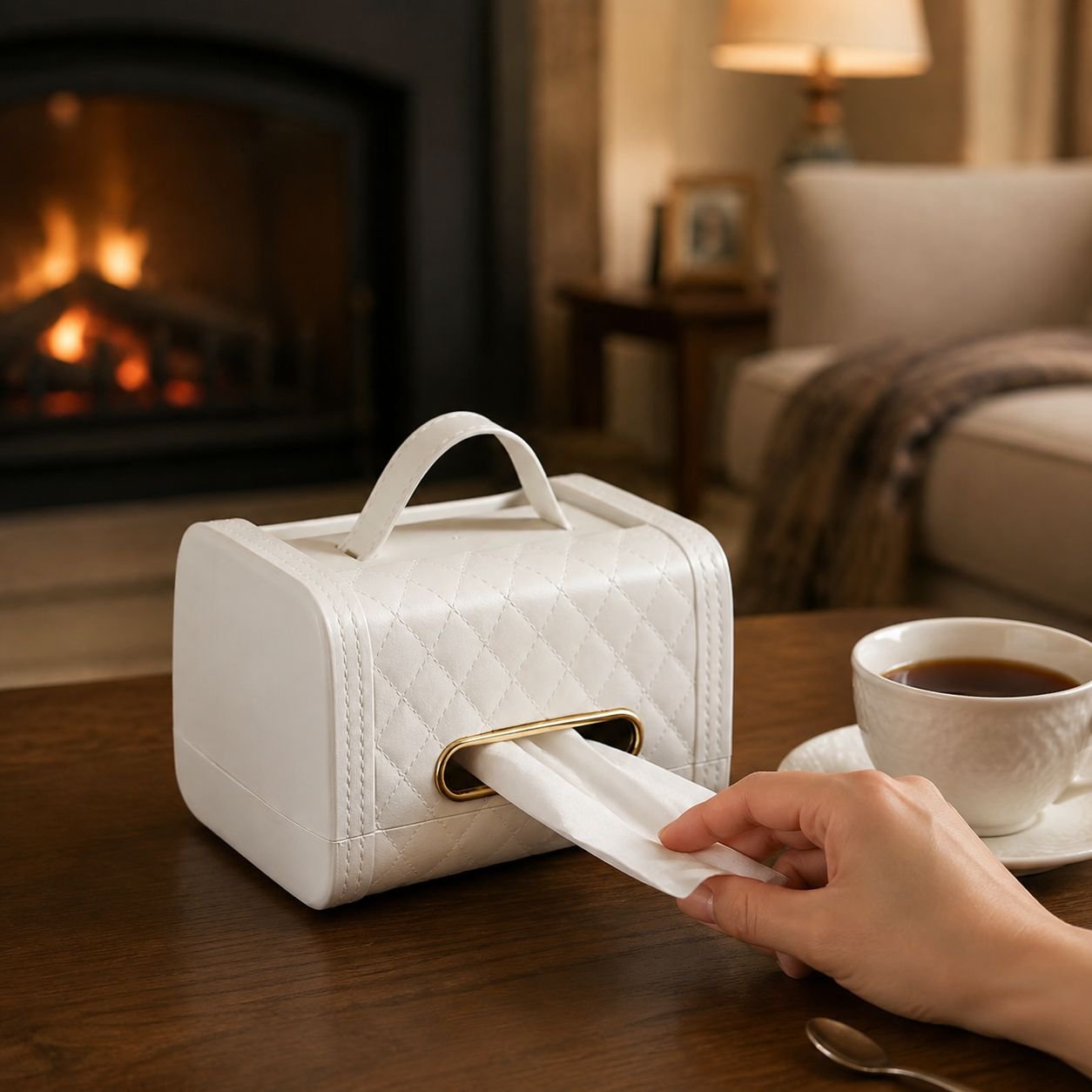 Elegant tissue handbag on coffee table