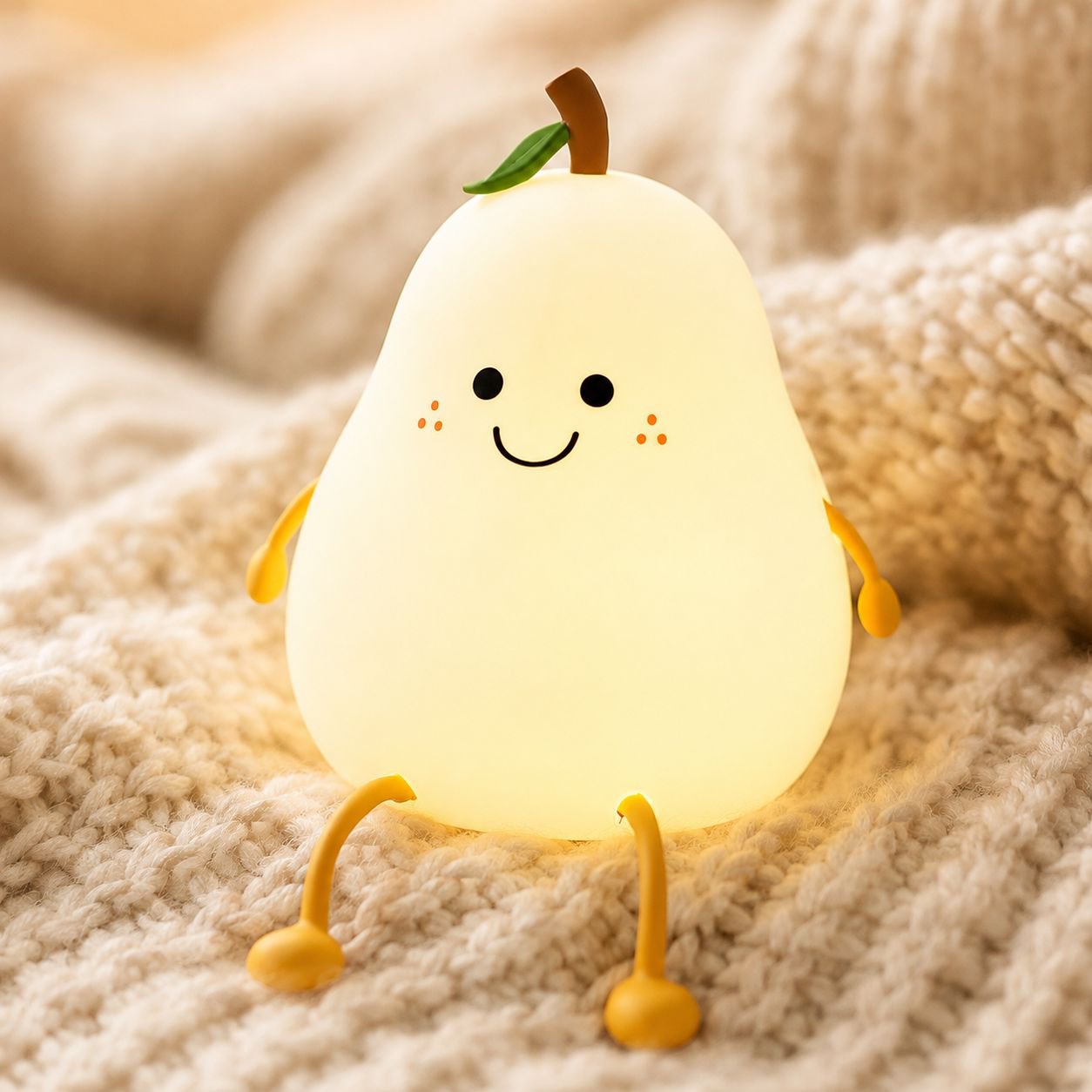 Cute pear shaped color-changing silicone night light on bedside table