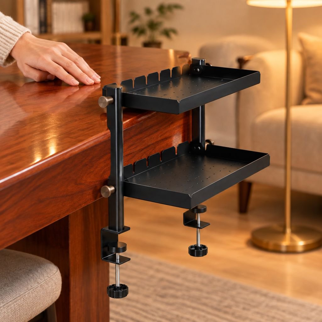 JMY - Desktop Clip-on Double-Layer Shelf, No-Drill Desk Storage Rack, Foldable Tray, Pegboard/Hangin