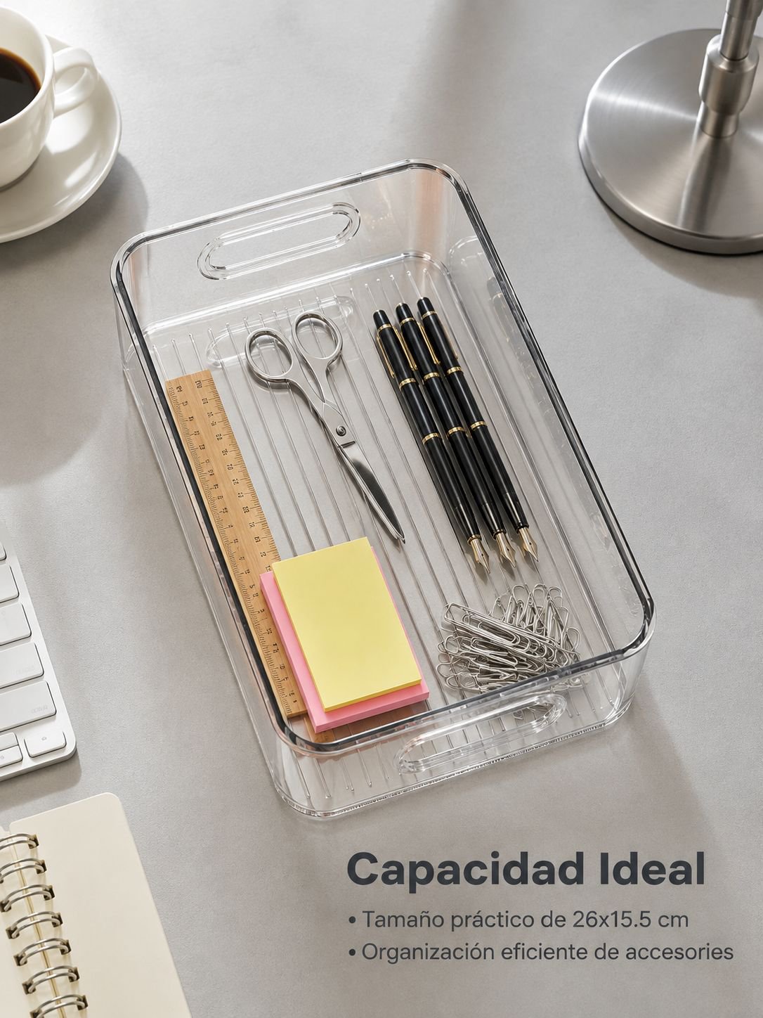 Organizador de acrílico para oficina en estilo minimalista.