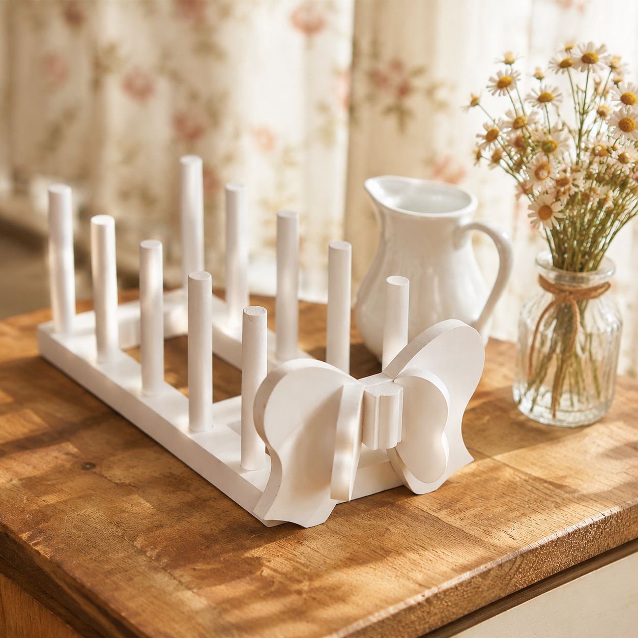 Multifunctional wooden bowl and plate rack on kitchen counter