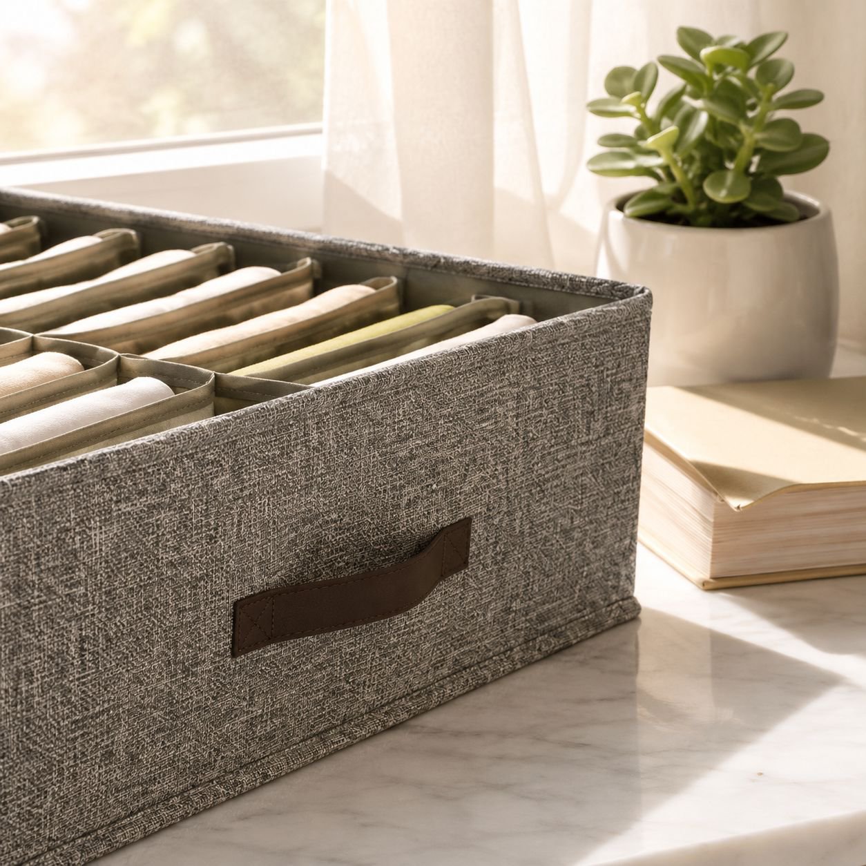 Durable plastic clothes organizer box in wardrobe