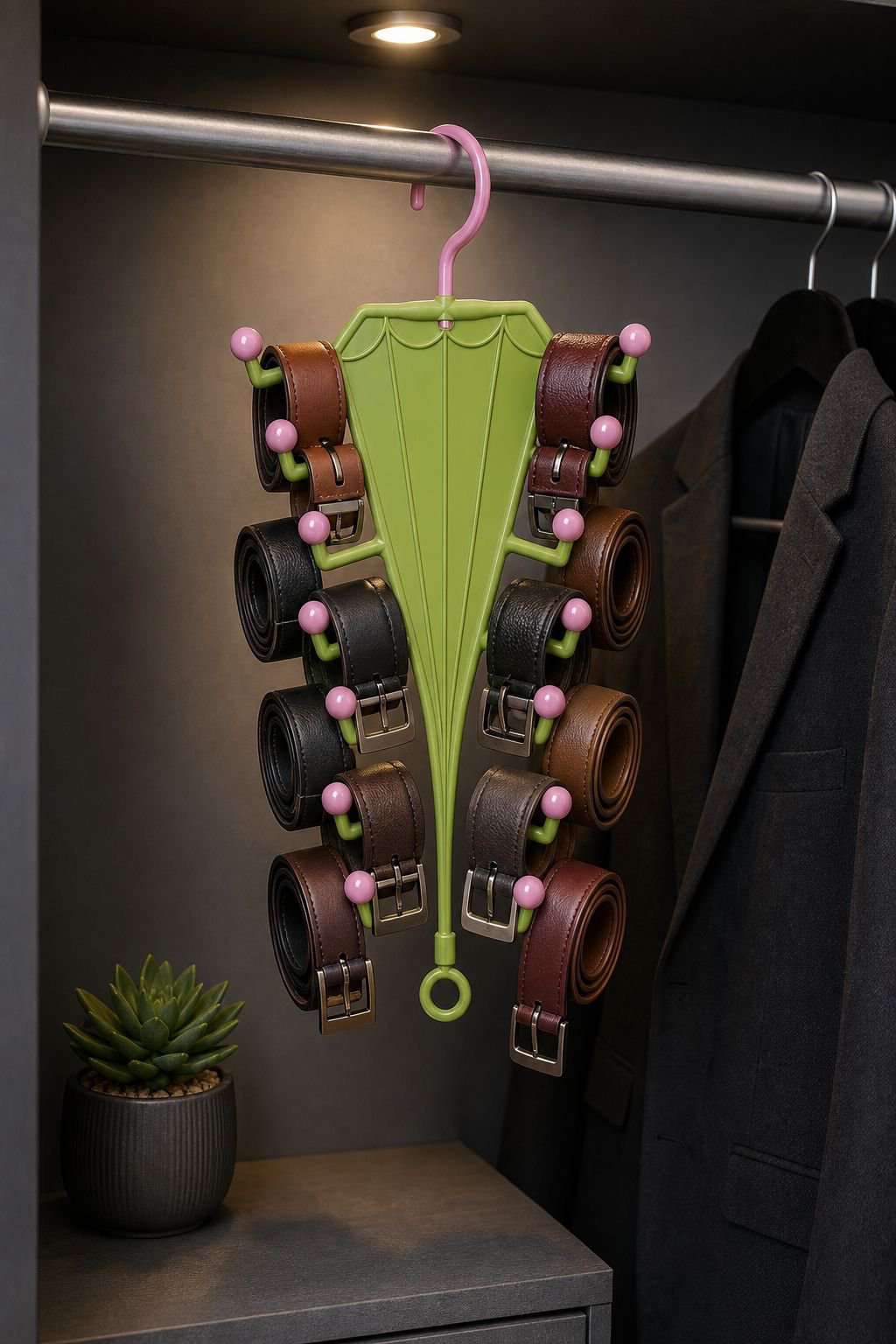 Space-saving double-sided clothing hanger rack in modern wardrobe