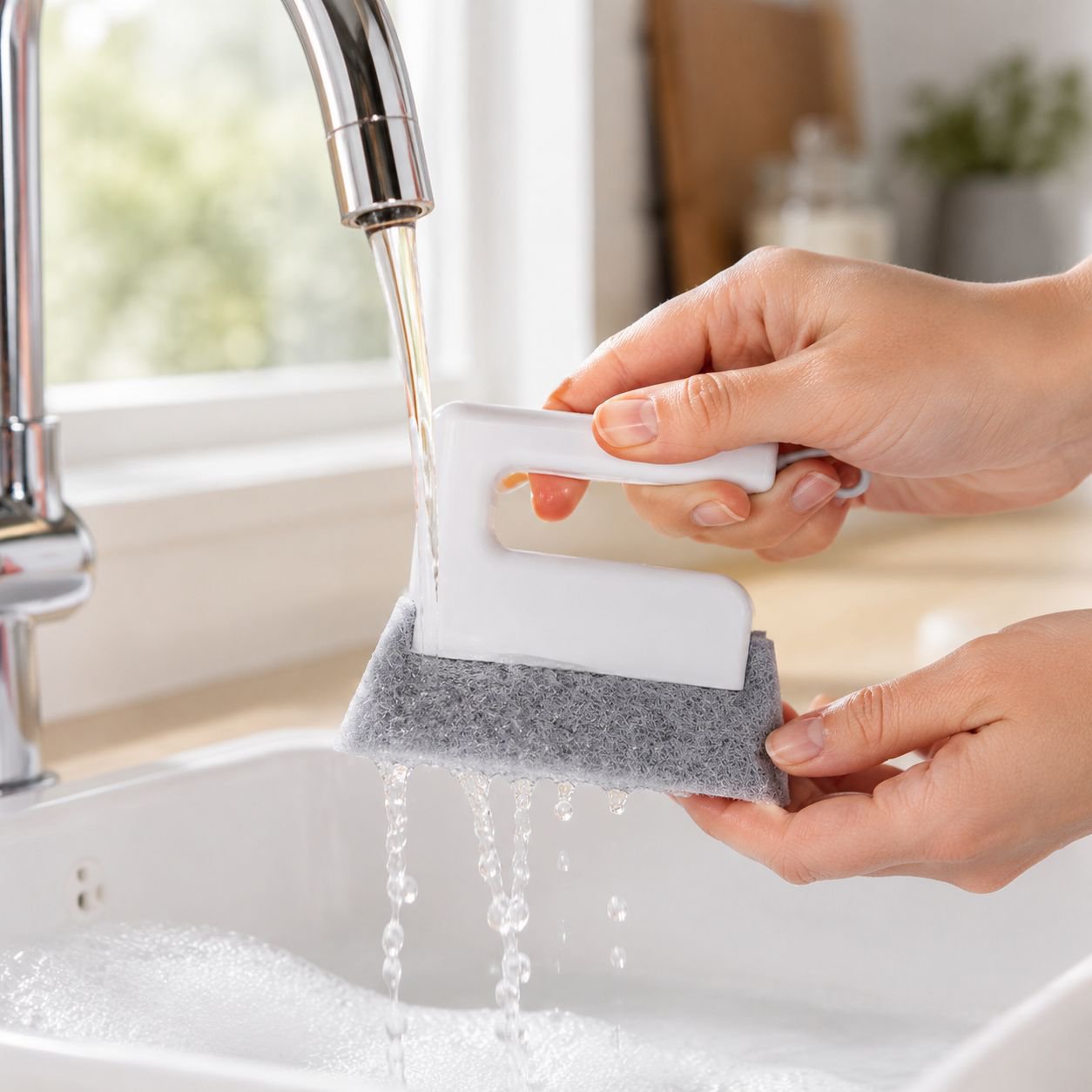 Cleaning kitchen corners with ultra-strong brush