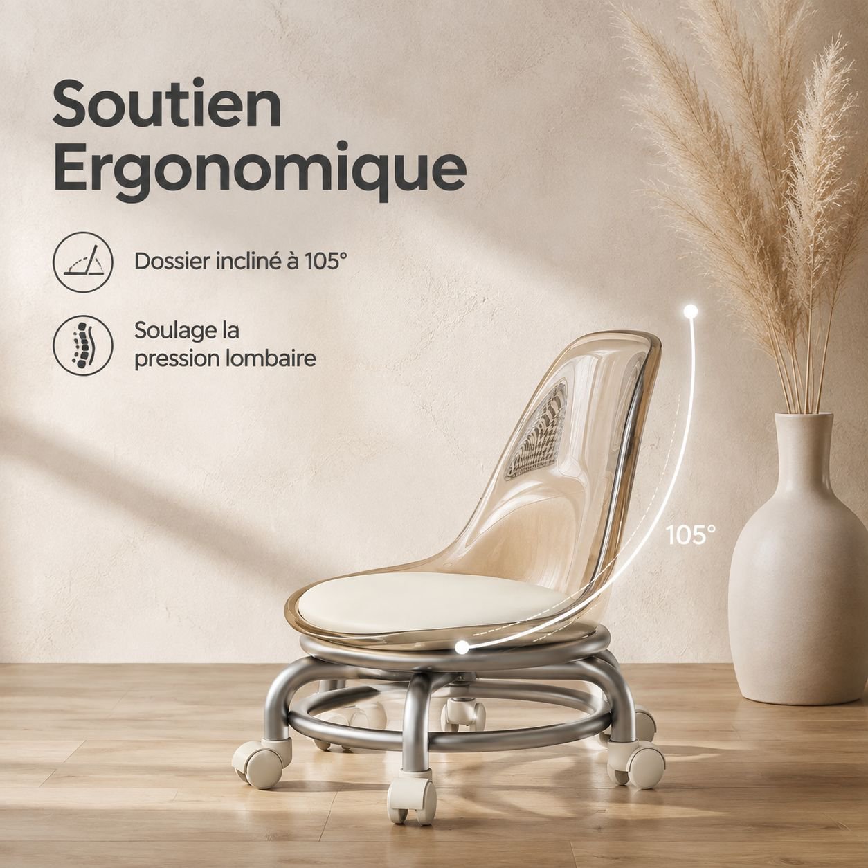 Tabouret pour enfants en plastique transparent à roulettes pivotantes