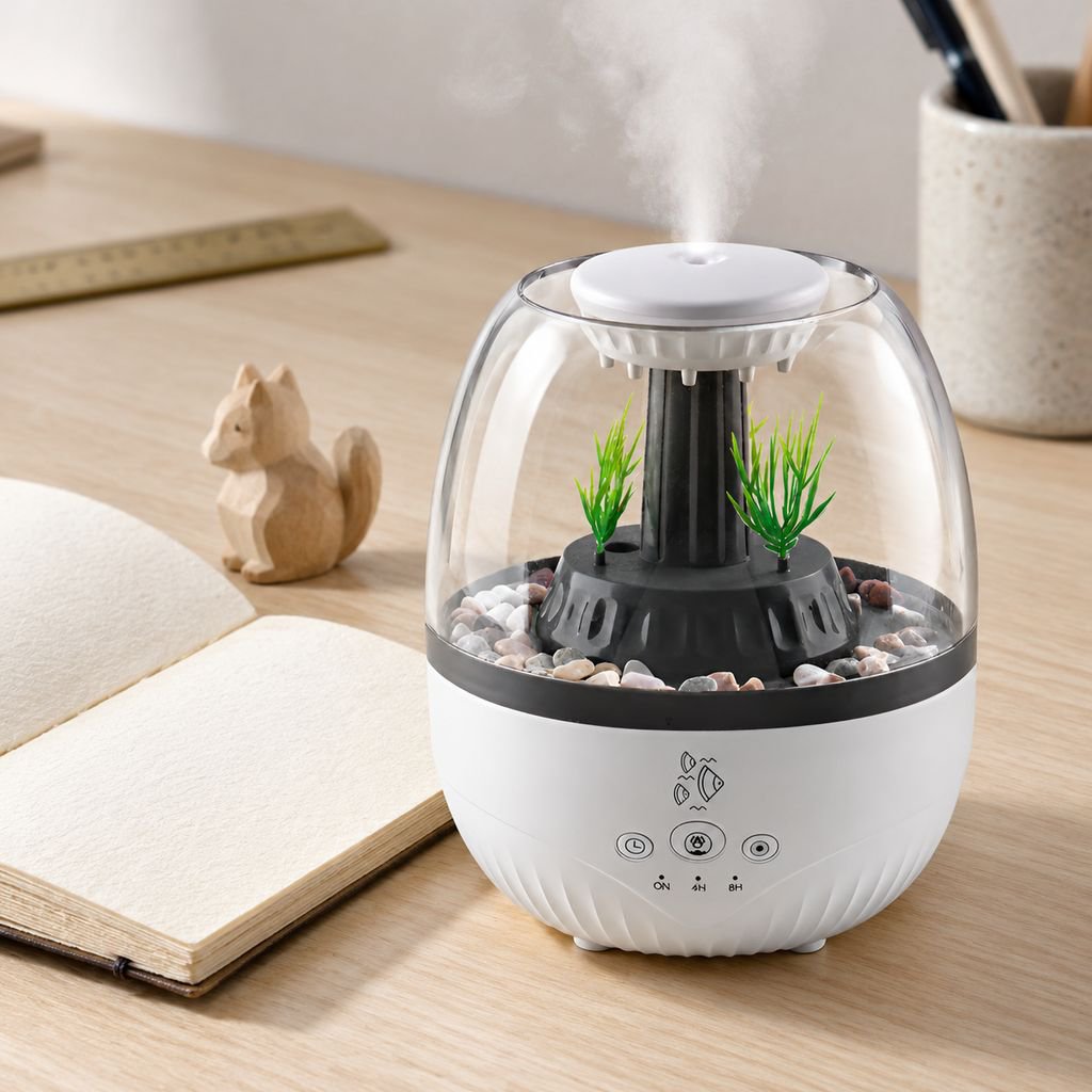 水景風アロマ加湿器、超静音設計、7色LEDライト、タイマー機能付き、快適なデスク空間を演出