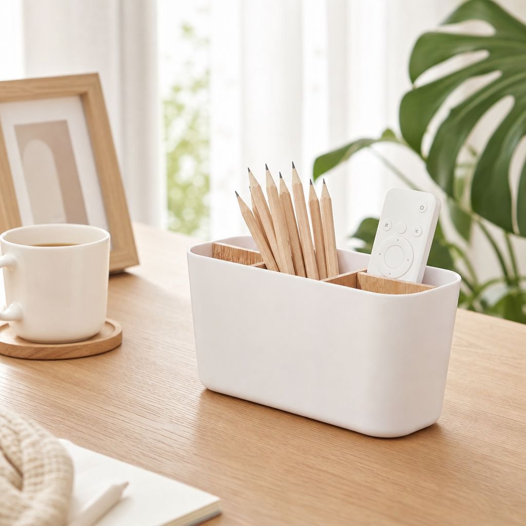 Multi-compartment bamboo storage box for desk