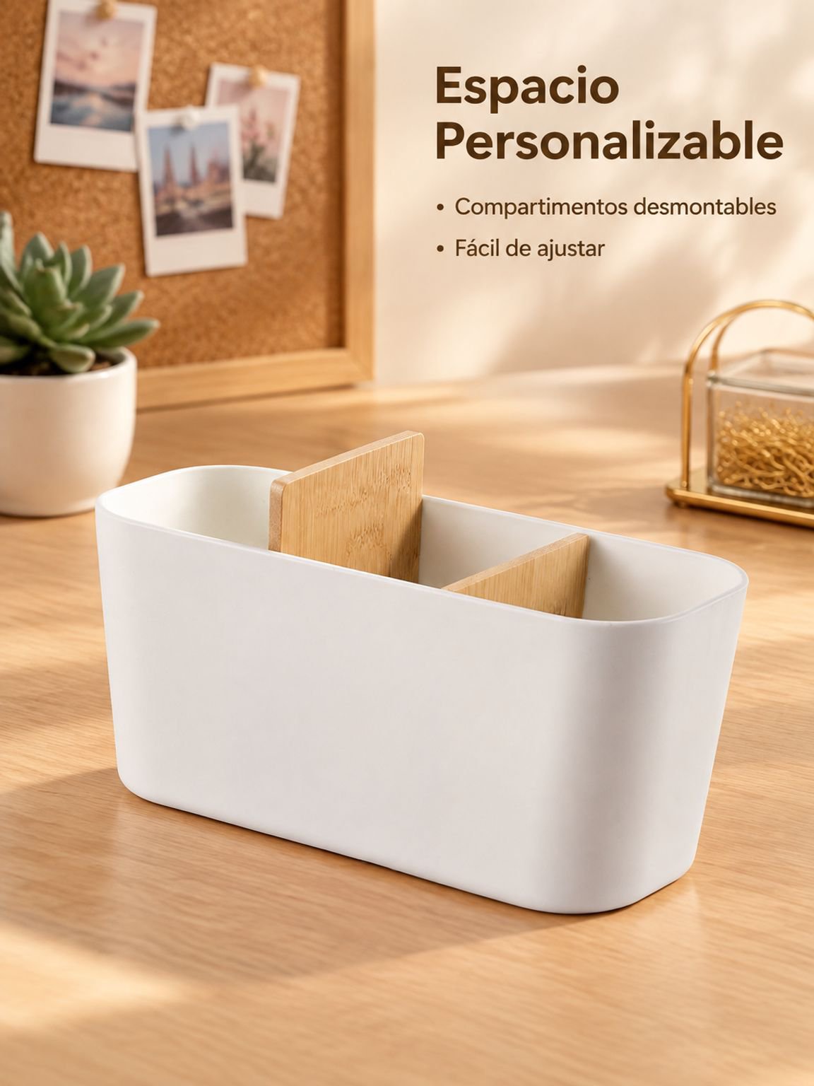 Caja organizadora de escritorio de bambú y madera con compartimentos desmontables
