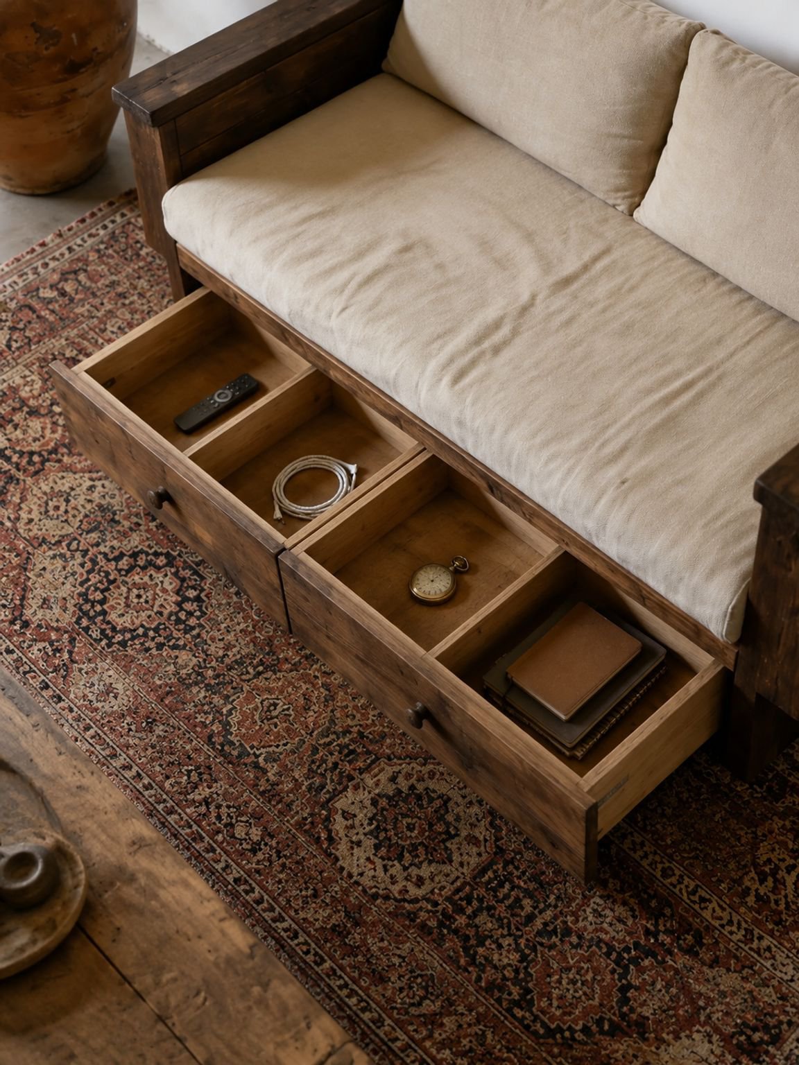 Distressed wood double seat bench with storage drawers