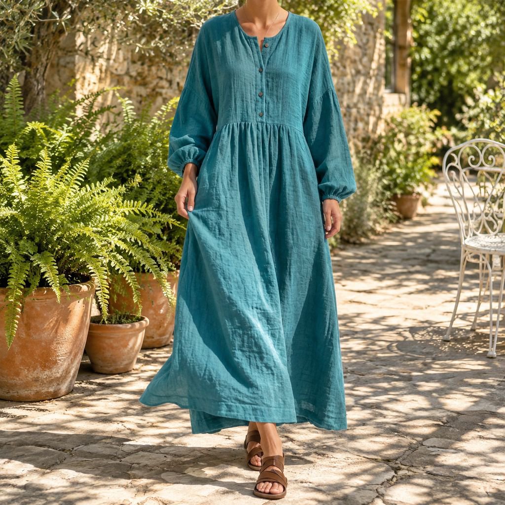 Front view of figure-flattering pleated dress