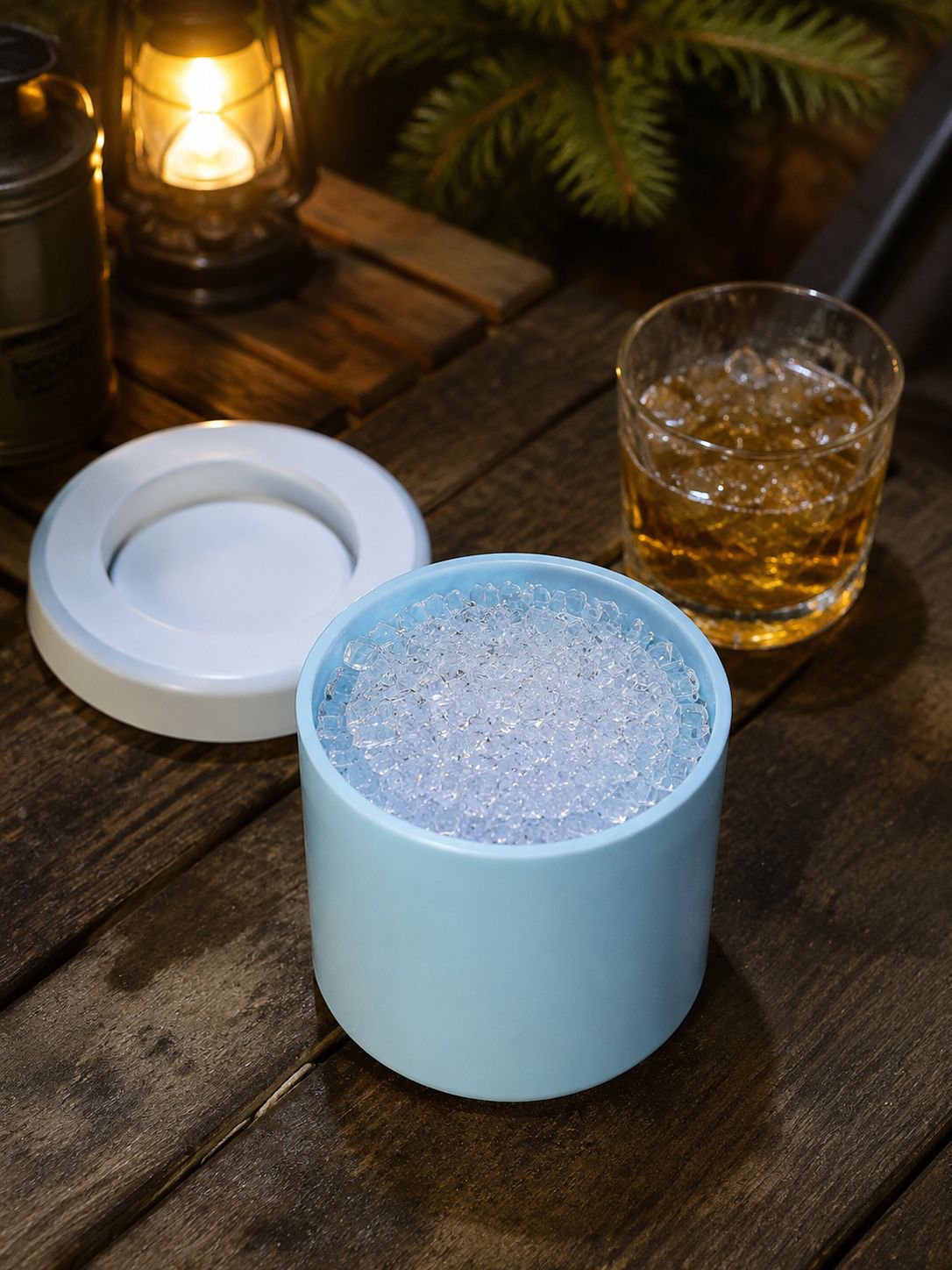 Cylindrical ice cubes in a glass of whiskey