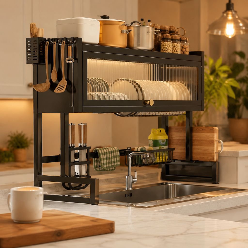 Closed cabinet dish rack to keep dishes dust-free