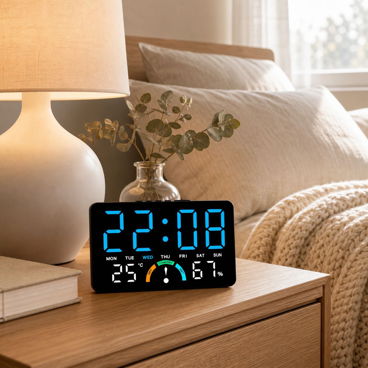Multifunctional Digital Alarm Clock with Color Comfort Meter and Large Display