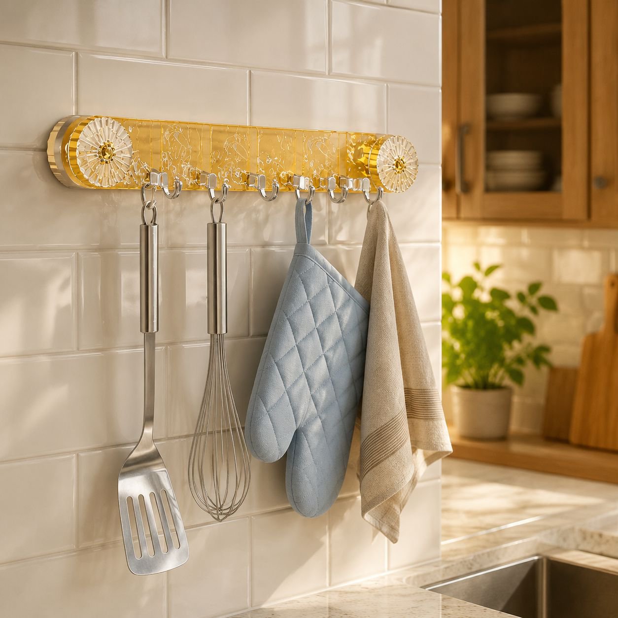 Load-bearing suction cup hook holding kitchen utensils
