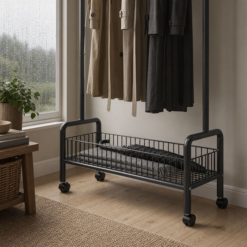 Multifunctional coat rack placed beside bed