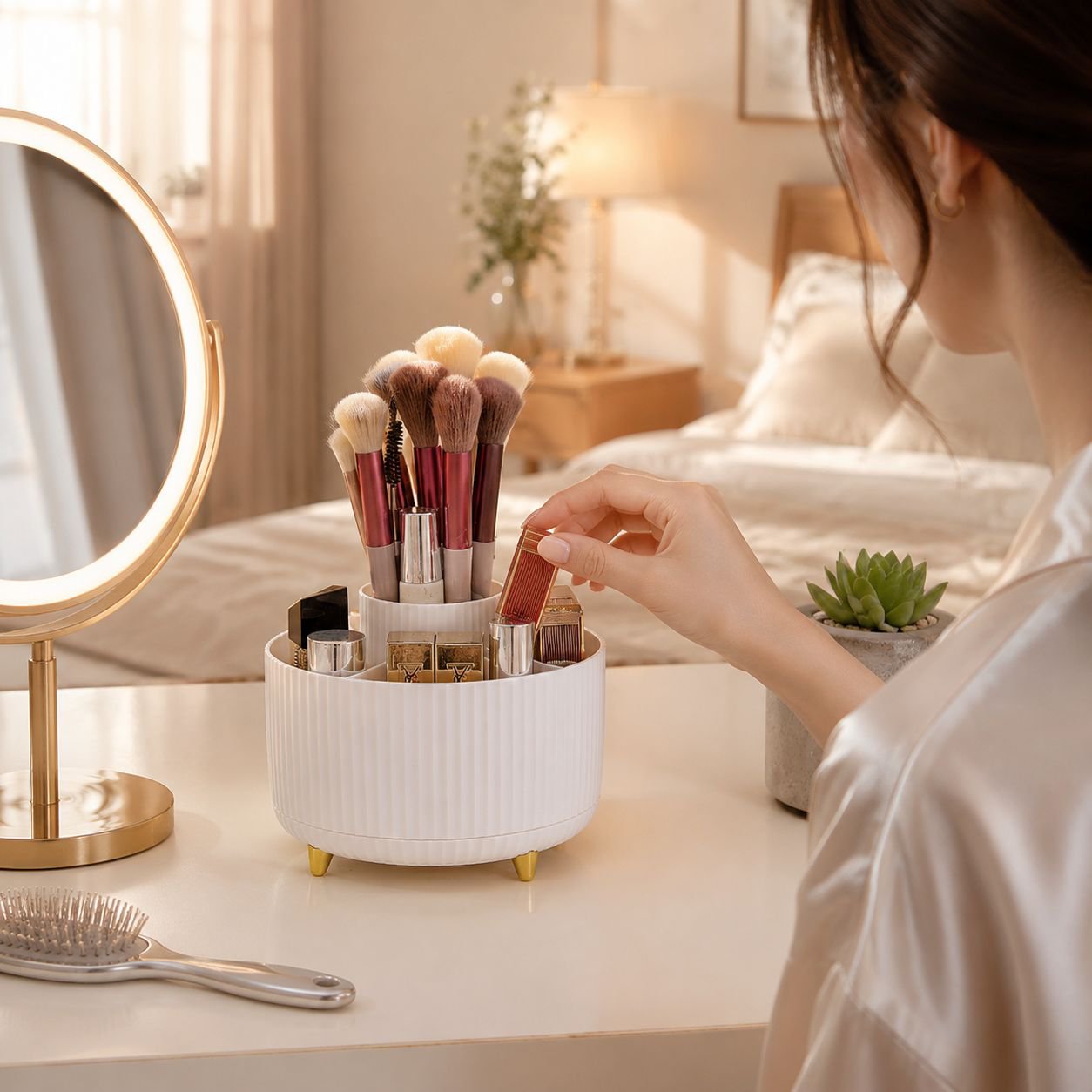 Rotating Makeup Brush Storage Box, Lipstick Eyeshadow Pencil Dustproof Organizer