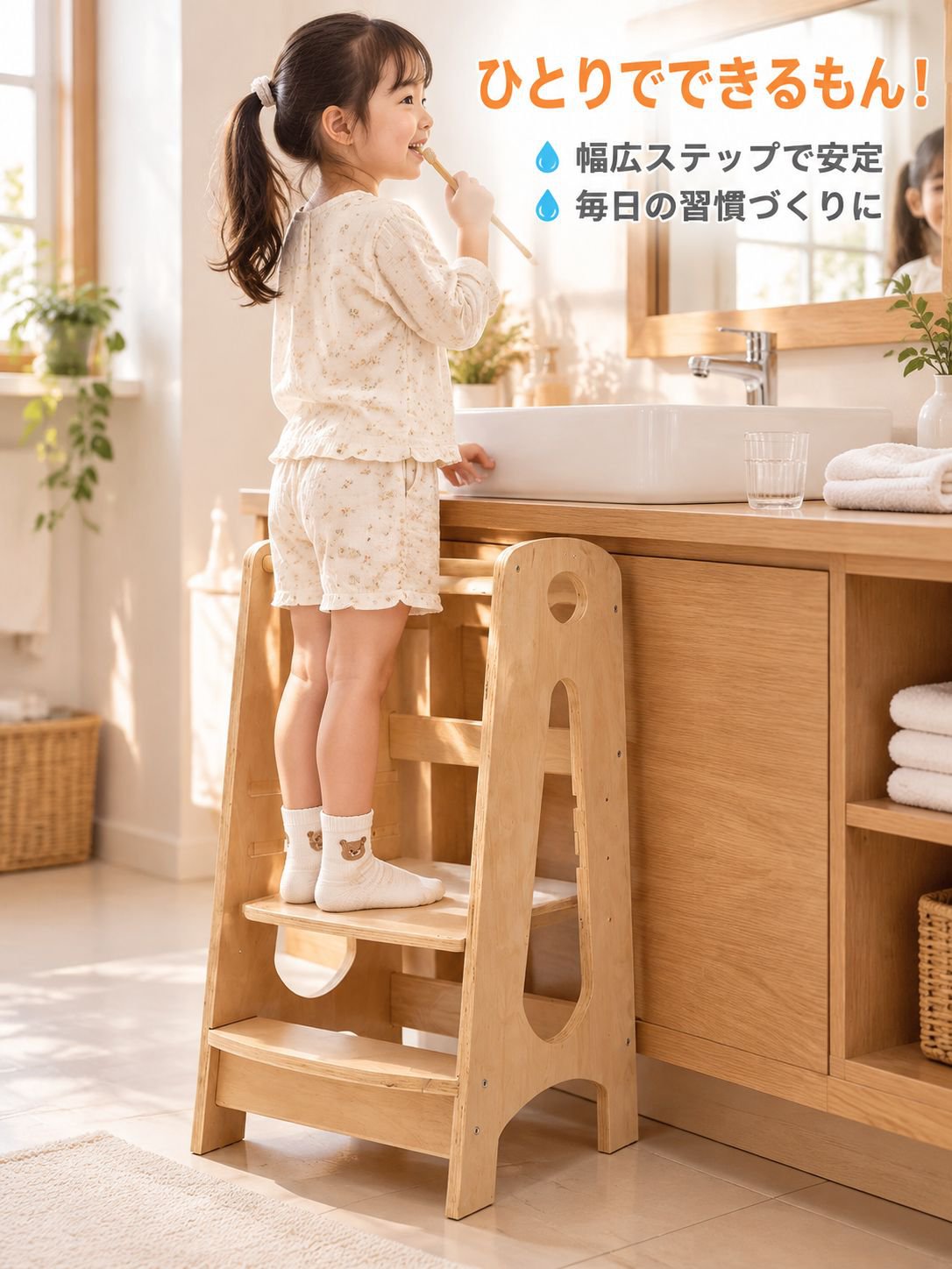 キッチン用木製子供用ステップスツール（高さ調節可能）
